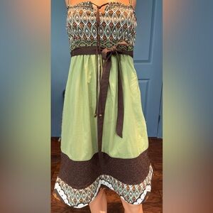 Boho Strapless Dress Green Brown Tribal Print Tie Waist Lined Womens L